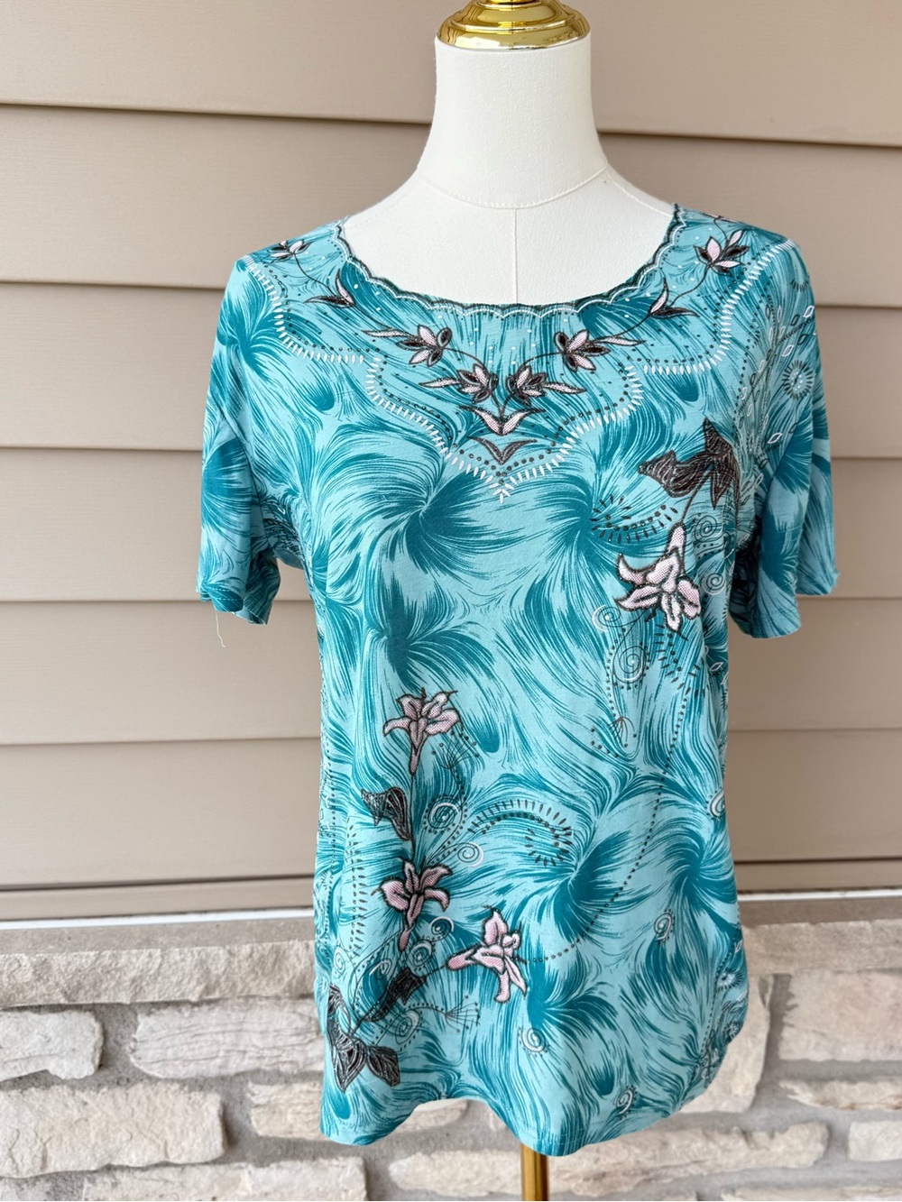 Women's Teal Floral Short-Sleeve Top